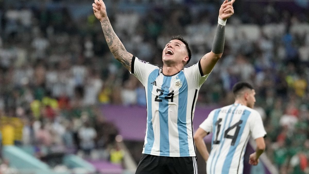 Argentina's Enzo Fernandez celebrates after scoring his side's second goal during the World Cup match against Mexico in Doha, Qatar, Saturday, Nov. 26, 2022.