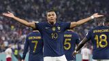 France's Kylian Mbappe celebrates scoring his side's opening goal against Denmark during their World Cup group D match in Doha, Qatar, Saturday, Nov. 26, 2022.