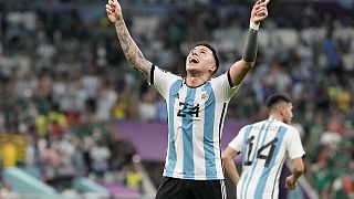 Argentina's Enzo Fernandez celebrates after scoring his side's second goal during the World Cup match against Mexico in Doha, Qatar, Saturday, Nov. 26, 2022.