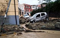Destroyed cars are pictured in Casamicciola in the southern Ischia island on November 26, 2022, following heavy rains that sparked a landslide.