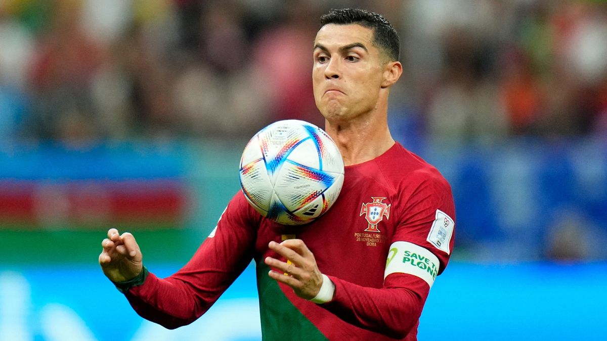 Portugal's Cristiano Ronaldo controls the ball during the World Cup group H soccer match between Portugal and Uruguay, at the Lusail Stadium