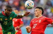 Cameroon's Collins Fai (L), with Switzerland's Ruben Vargas during the World Cup Group G match in Al Wakrah, Qatar, Nov. 24, 2022. Both countries are in action on Monday.