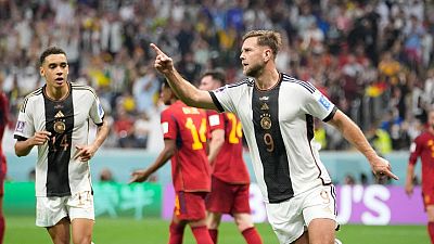 Germany's Niclas Füllkrug celebrates after he scored his side's equaliser in the 1-1 draw with Spain, at the Al Bayt Stadium in Al Khor , Qatar, Sunday, Nov. 27, 2022.