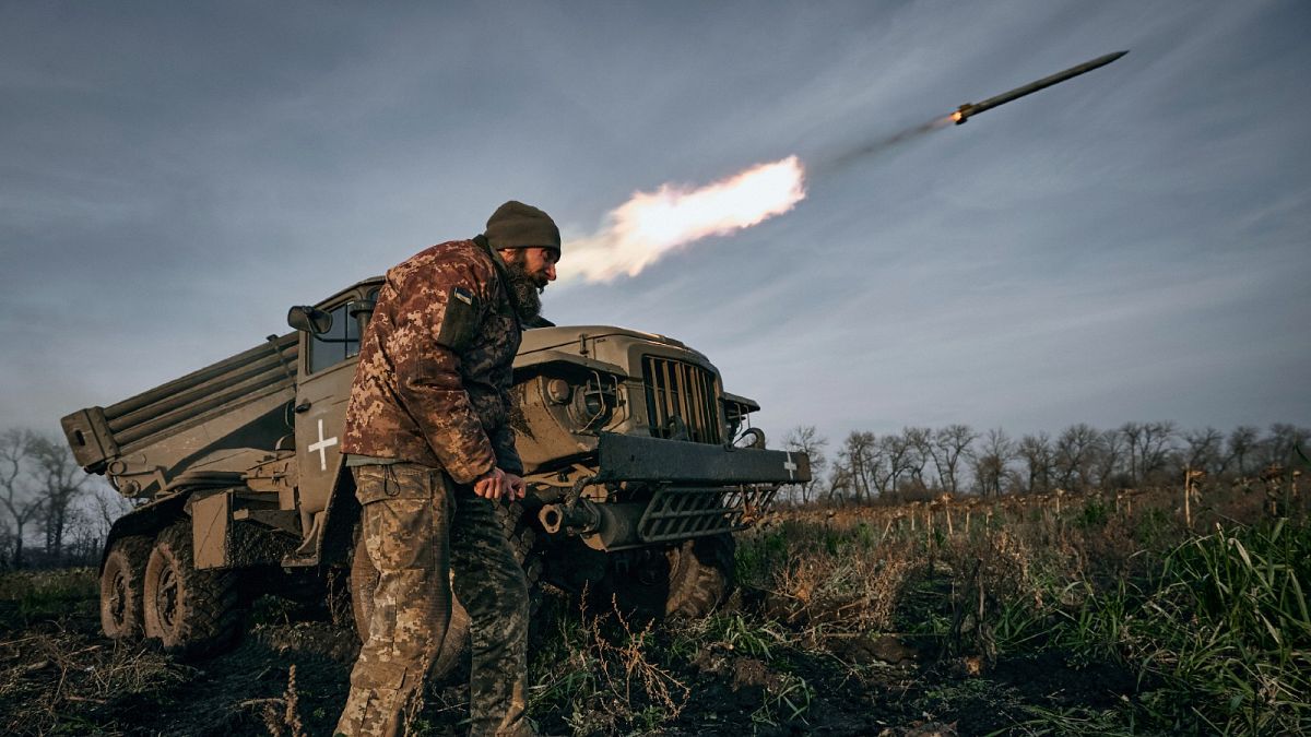 Ukrainian military's Grad multiple rocket launcher fires rockets at Russian positions in the frontline near Bakhmut, Donetsk region, Ukraine