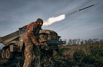 Ukrainian military's Grad multiple rocket launcher fires rockets at Russian positions in the frontline near Bakhmut, Donetsk region, Ukraine