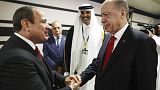 Cumhurbaşkanı Recep Tayyip Erdoğan ile Mısır Cumhurbaşkanı Abdülfettah el-Sisi'nin Katar'da düzenlenen FIFA 2022 Dünya Kupası'nın açılış resepsiyonunda tokalaşırken