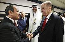 Cumhurbaşkanı Recep Tayyip Erdoğan ile Mısır Cumhurbaşkanı Abdülfettah el-Sisi'nin Katar'da düzenlenen FIFA 2022 Dünya Kupası'nın açılış resepsiyonunda tokalaşırken