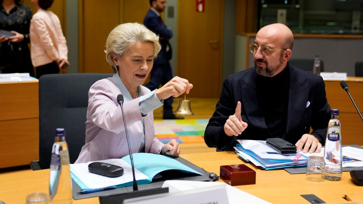 European Commission President Ursula von der Leyen with European Council President Charles Michel at the EU Council building in Brussels, Oct 19, 2022. 