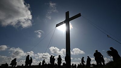 The wooden cross on the Chevin is erected by church members and volunteers, near Otley in northern England on April 2, 2022