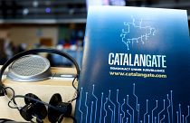 This picture taken on April 19, 2022 at the EU Parliament in Brussels shows a document entitled, "Catalangate democracy under surveillance".