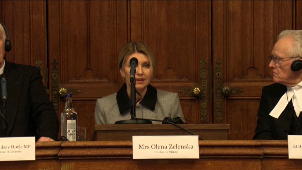 Ukrainian First Lady Olena Zelenska speaks during her visit to the British Parliament.