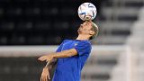 France Antoine Griezmann heads the ball during a training session at the Jassim Bin Hamad stadium in Doha, Qatar, Tuesday, Nov. 29, 2022 