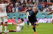France's Antoine Griezmann runs after scoring a disallowed goal during the World Cup group D soccer match between Tunisia and France.