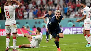 France's Antoine Griezmann runs after scoring a disallowed goal during the World Cup group D soccer match between Tunisia and France.