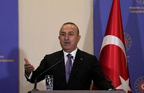 Turkish Foreign Minister Mevlut Cavusoglu speaks to the media during a press conferences with NATO Secretary General Jens Stoltenberg, in Istanbul, Thursday, Nov. 3, 2022.