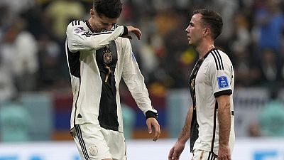 Germany's Kai Havertz, left, and Mario Goetze react after the World Cup group E football match between Costa Rica and Germany. Thursday, 1 December 2022.