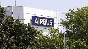 The logo of Airbus group is displayed in Toulouse, south of France, on July 9, 2020. 