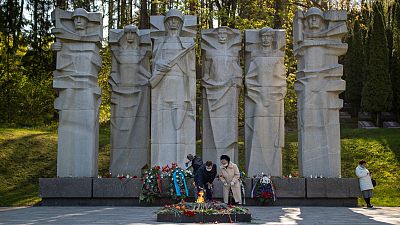 The Antakalnis memorial during the 75th anniversary of the end of World War II celebrations in Vilnius, Lithuania, Saturday, May 9, 2020.