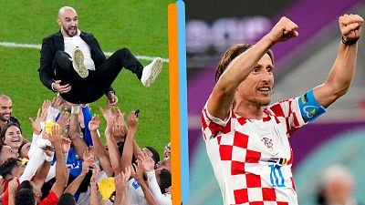 A g. : Les Marocains célèbrent avec leur coach la qualification pour les 1/8 de finale / A dr. : le capitaine de la Croatie Luka Modric - le 01/12/2022