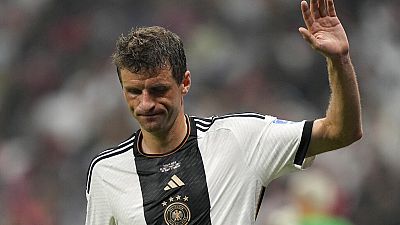 Reacción del alemán Thomas Mueller durante el partido de fútbol del grupo E de la Copa del Mundo entre Costa Rica y Alemania