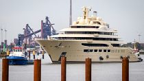 The super-yacht Dilbar is pulled on the Weser river in Bremen on September 23, 2022.