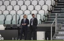 Juventus' president Andrea Agnelli (right) and his Vice President Pavel Nedved, pictured at the Allianz stadium in August 2020.