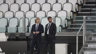 Juventus' president Andrea Agnelli (right) and his Vice President Pavel Nedved, pictured at the Allianz stadium in August 2020.