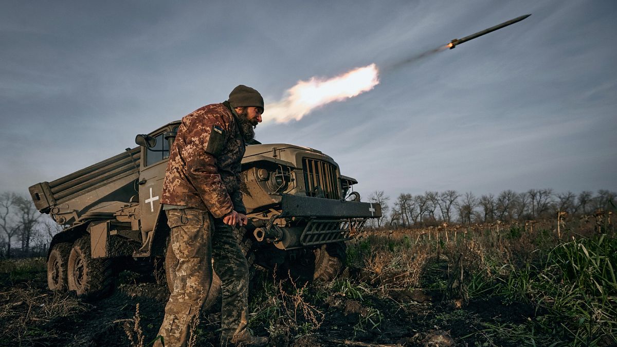 Ukrainian military's Grad multiple rocket launcher fires rockets at Russian positions in the frontline near Bakhmut, Ukraine.