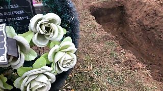 The bodies of six men and a girl, allegedly executed by Russian forces, have been exhumed in the village of Pravdyne, Ukraine.