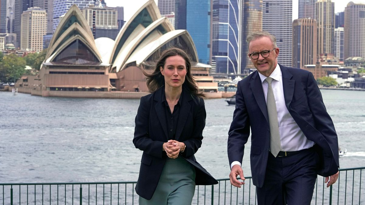 The Prime Minister of Finland Sanna Marin talks with Australian Prime Minister Anthony Albanese on the grounds of Government House in Sydney, Australia, Friday, Dec. 2, 2022.
