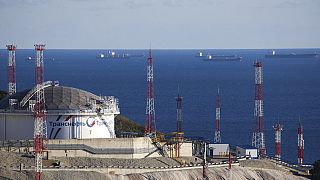 Oil tankers are seen at the Sheskharis complex in Novorossiysk, Russia