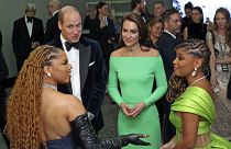 From left to right, Chloe Bailey, Britain's Prince William, Prince of Wales and Catherine, Princess of Wales, and Halle Bailey chat at The Earthshot Prize Awards, Boston 