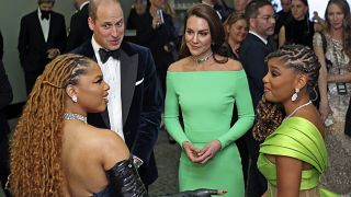 From left to right, Chloe Bailey, Britain's Prince William, Prince of Wales and Catherine, Princess of Wales, and Halle Bailey chat at The Earthshot Prize Awards, Boston 