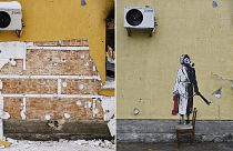 A split-image rendition of the Banksy stencil in Hostomel, before and after the attempted theft in December 2022