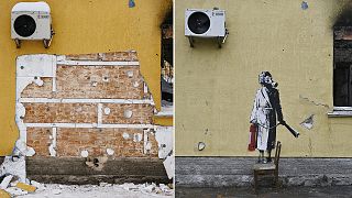 A split-image rendition of the Banksy stencil in Hostomel, before and after the attempted theft in December 2022