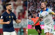 Olivier Giroud, left, and Harry Kane, right, celebrate goals as France and England win through to the quarter-finals of the World Cup.