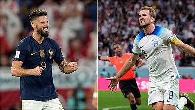 Olivier Giroud, left, and Harry Kane, right, celebrate goals as France and England win through to the quarter-finals of the World Cup.