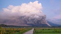 Mount Semeru releases volcanic materials during an eruption.