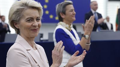 European Commission President Ursula von der Leyen applauds during a ceremony marking the 70th anniversary of the European Parliament, Tuesday, Nov. 22, 2022
