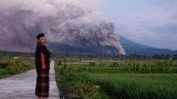 رجل ينظر إلى جبل سيميرو أثناء ثوران بركاني