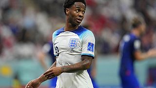 England's Raheem Sterling looks down the field during the World Cup group B soccer match between England and The United States, at the Al Bayt Stadium in Al Khor , Qatar