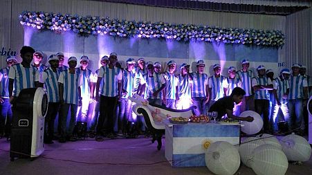 A group of Indian Argentina football supporters prepare for special themed wedding party