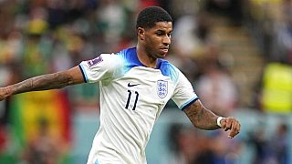 England's Marcus Rashford in action during the World Cup round of 16 soccer match between England and Senegal, at the Al Bayt Stadium in Al Khor, Qatar, Sunday, Dec. 4, 2022.