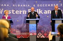 EU Commision chief Ursula von der Leyen (L), European Council President Charles Michel (C) and Albanian Prime Minister Edi Rama in Tirana, Dec. 6, 2022.