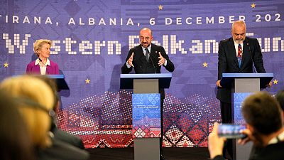 EU Commision chief Ursula von der Leyen (L), European Council President Charles Michel (C) and Albanian Prime Minister Edi Rama in Tirana, Dec. 6, 2022.