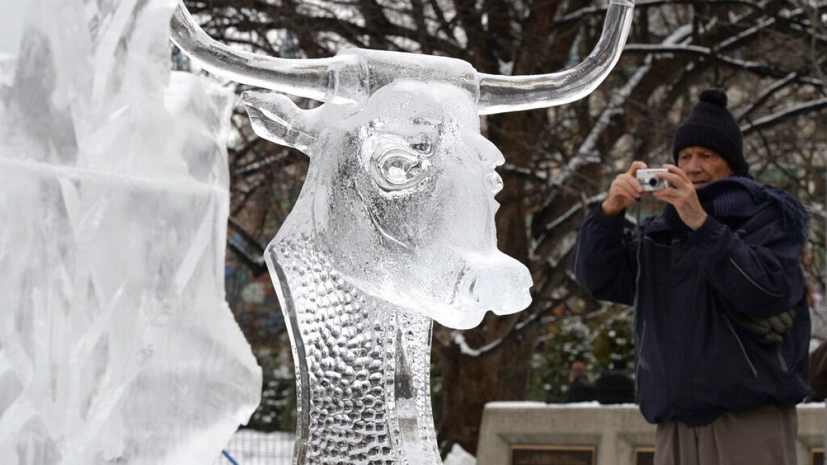 Various sculptures on display at Madrid's 2022 Ice Festival.