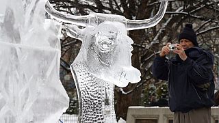 Various sculptures on display at Madrid's 2022 Ice Festival.