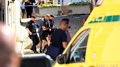 Police officers escort Theodor Engstrom after he stabbed to death a prominent psychiatrist at the Almedalen political festival at Visby, Gotland, in early July.