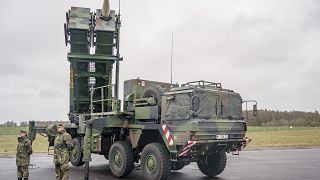 Ready-for-combat "Patriot" anti-aircraft missile systems of the German forces Bundeswehr's anti-aircraft missile squadron 1 stand.