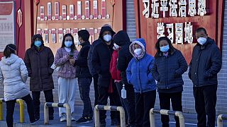 Beijing residents wearing face masks line up for their routine COVID-19 tests 